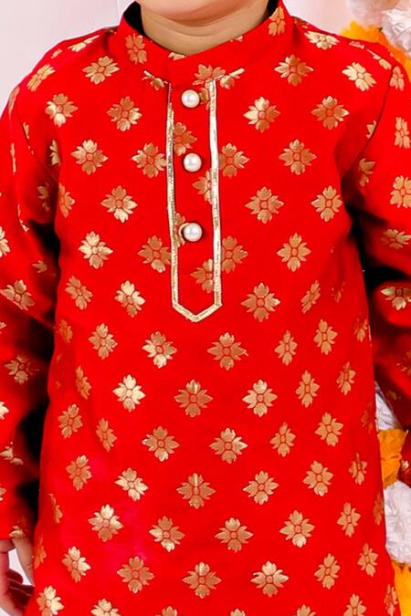 Shop_Little Bansi_Red Cotton, Silk Embroidery Floral Woven Kurta And Dhoti Pant Set _Online_at_Aza_Fashions