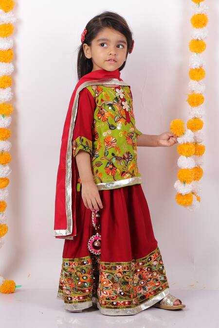Little Bansi_Green Silk, Cotton Mirrors, Embroidery Kurta Lehenga Set _Online_at_Aza_Fashions