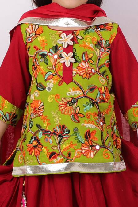 Little Bansi_Green Silk, Cotton Mirrors, Embroidery Kurta Lehenga Set _at_Aza_Fashions