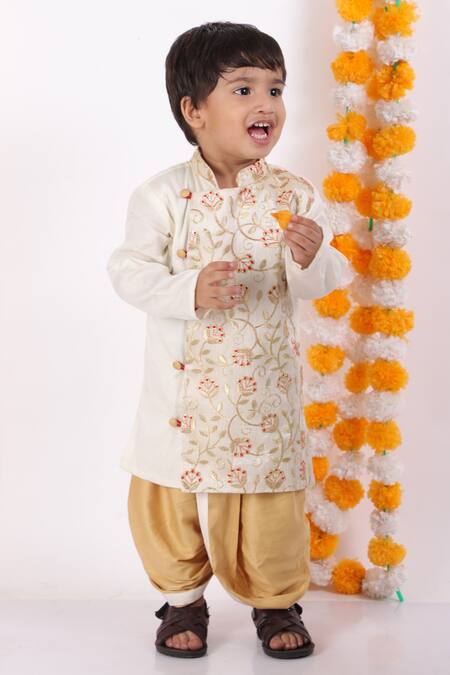 Little Bansi_Beige 100% Cotton Blend Embroidered Floral Motifs Sherwani Set _Online_at_Aza_Fashions