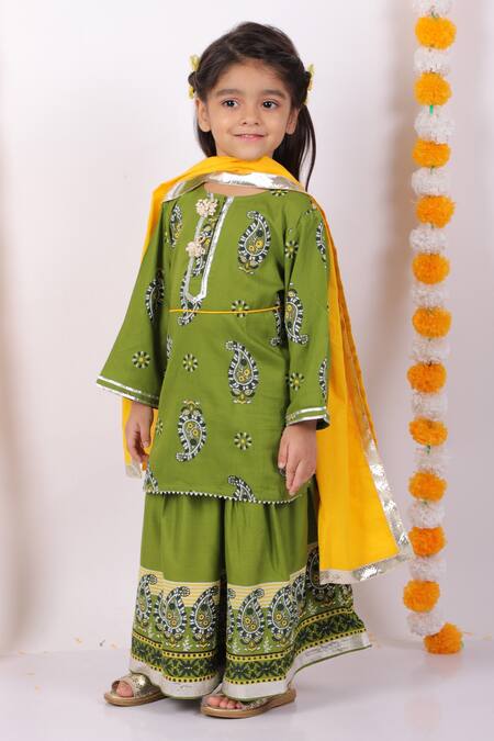 Little Bansi_Green Cotton Beads, Cut Work Printed Kurta Lehenga Set _Online_at_Aza_Fashions