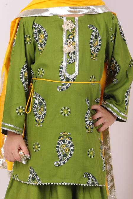 Buy_Little Bansi_Green Cotton Beads, Cut Work Printed Kurta Lehenga Set _Online_at_Aza_Fashions