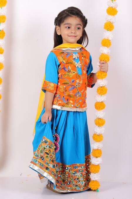 Little Bansi_Blue Cotton Embroidery, Tassels Kurta Lehenga Set _Online_at_Aza_Fashions