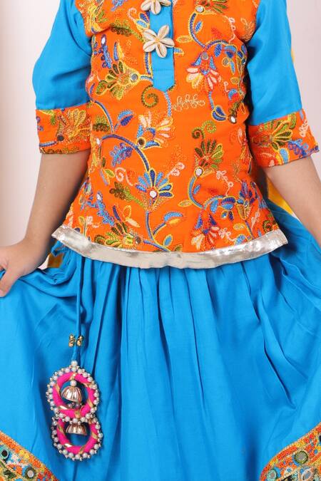 Buy_Little Bansi_Blue Cotton Embroidery, Tassels Kurta Lehenga Set _Online_at_Aza_Fashions