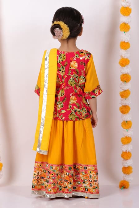Shop Little Bansi Yellow Cotton Embroidery, Mirrors Kurta Lehenga Set at Aza Fashions Shop_Little Bansi_Yellow Cotton Embroidery, Mirrors Kurta Lehenga Set _at_Aza_Fashions