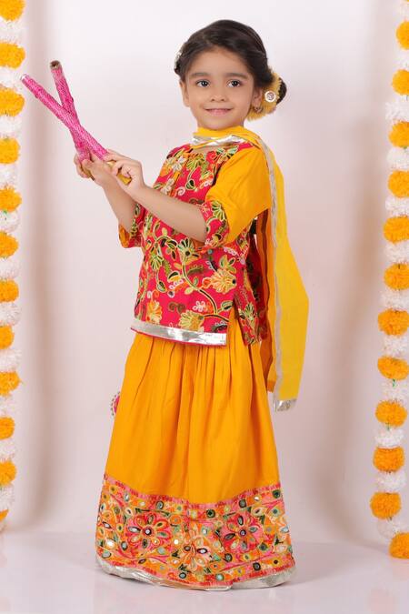 Little Bansi Yellow Cotton Embroidery, Mirrors Kurta Lehenga Set Online at Aza Fashions Little Bansi_Yellow Cotton Embroidery, Mirrors Kurta Lehenga Set _Online_at_Aza_Fashions