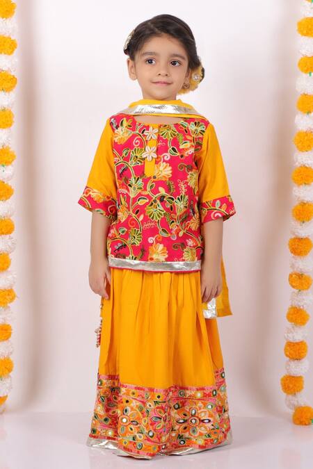 Buy Little Bansi Yellow Cotton Embroidery, Mirrors Kurta Lehenga Set Online at Aza Fashions Buy_Little Bansi_Yellow Cotton Embroidery, Mirrors Kurta Lehenga Set _Online_at_Aza_Fashions