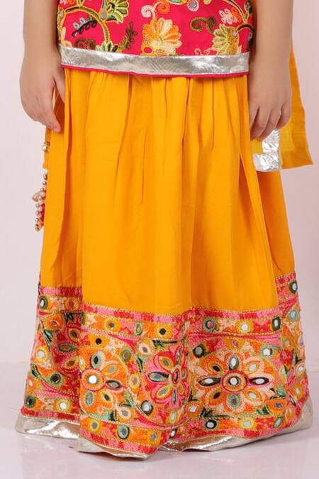 Shop Little Bansi Yellow Cotton Embroidery, Mirrors Kurta Lehenga Set Online at Aza Fashions Shop_Little Bansi_Yellow Cotton Embroidery, Mirrors Kurta Lehenga Set _Online_at_Aza_Fashions