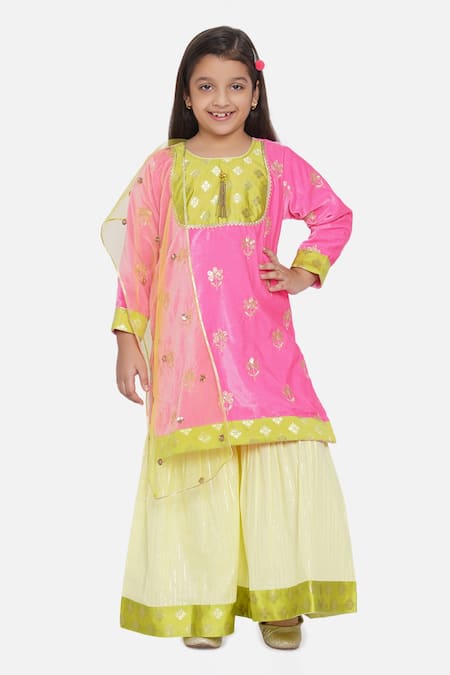 Little Bansi Pink 50% Velvet Embroidered Floral Motifs Kurta Sharara Set 