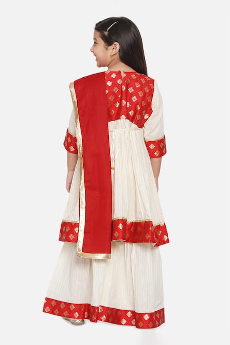 Shop_Little Bansi_Beige Brocade, Cotton Tassels, Pearls Striped Anarkali Sharara Set _at_Aza_Fashions