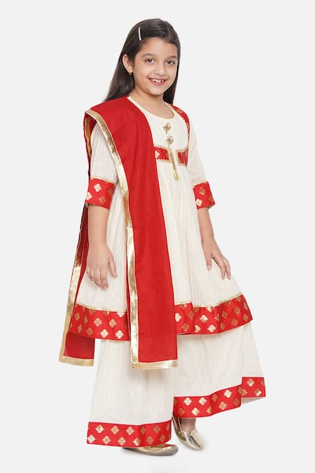 Little Bansi_Beige Brocade, Cotton Tassels, Pearls Striped Anarkali Sharara Set _Online_at_Aza_Fashions