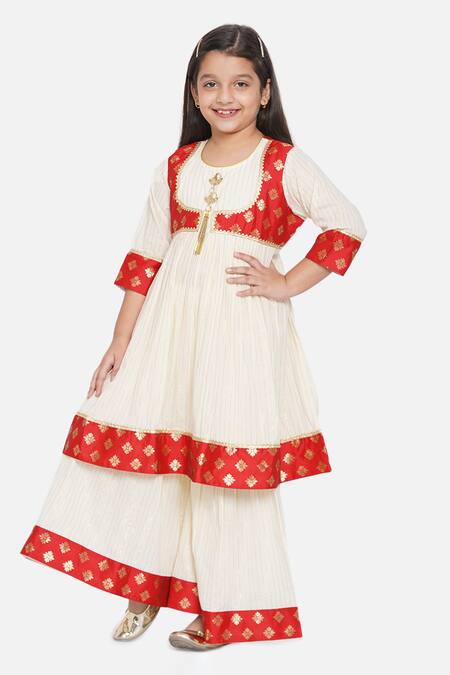 Buy_Little Bansi_Beige Brocade, Cotton Tassels, Pearls Striped Anarkali Sharara Set _Online_at_Aza_Fashions