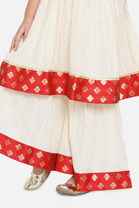 Shop_Little Bansi_Beige Brocade, Cotton Tassels, Pearls Striped Anarkali Sharara Set _Online_at_Aza_Fashions