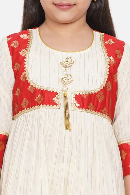 Little Bansi_Beige Brocade, Cotton Tassels, Pearls Striped Anarkali Sharara Set _at_Aza_Fashions