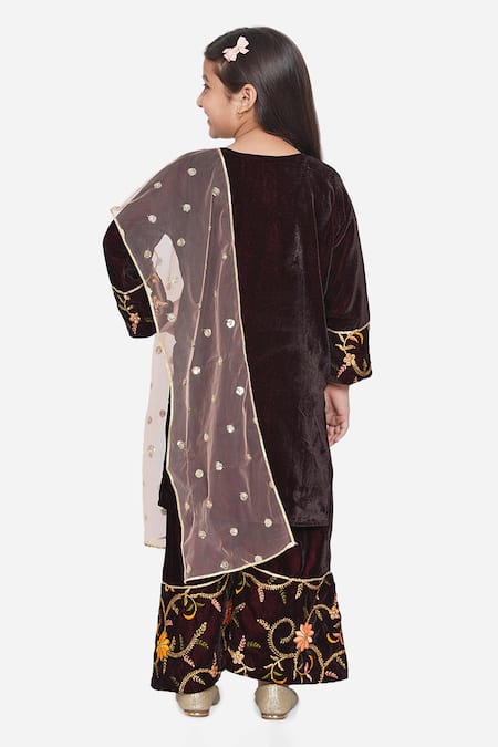 Shop Little Bansi Maroon Velvet, Chiffon Embroidery, Sequins Floral Kurta Set at Aza Fashions Shop_Little Bansi_Maroon Velvet, Chiffon Embroidery, Sequins Floral Kurta Set _at_Aza_Fashions