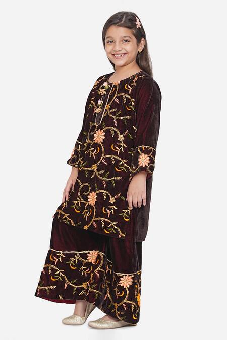 Buy Little Bansi Maroon Velvet, Chiffon Embroidery, Sequins Floral Kurta Set Online at Aza Fashions Buy_Little Bansi_Maroon Velvet, Chiffon Embroidery, Sequins Floral Kurta Set _Online_at_Aza_Fashions