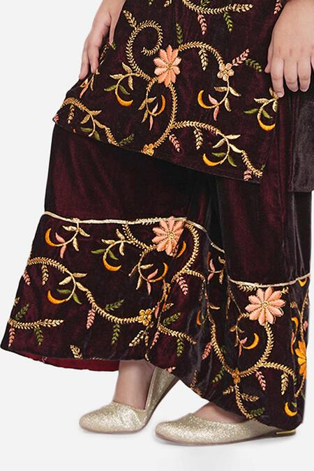 Shop Little Bansi Maroon Velvet, Chiffon Embroidery, Sequins Floral Kurta Set Online at Aza Fashions Shop_Little Bansi_Maroon Velvet, Chiffon Embroidery, Sequins Floral Kurta Set _Online_at_Aza_Fashions