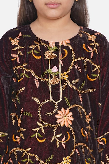 Little Bansi Maroon Velvet, Chiffon Embroidery, Sequins Floral Kurta Set at Aza Fashions Little Bansi_Maroon Velvet, Chiffon Embroidery, Sequins Floral Kurta Set _at_Aza_Fashions