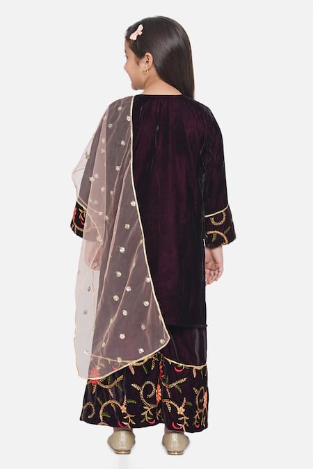 Shop Little Bansi Purple Velvet, Chiffon Embroidery Floral Kurta Set at Aza Fashions Shop_Little Bansi_Purple Velvet, Chiffon Embroidery Floral Kurta Set _at_Aza_Fashions