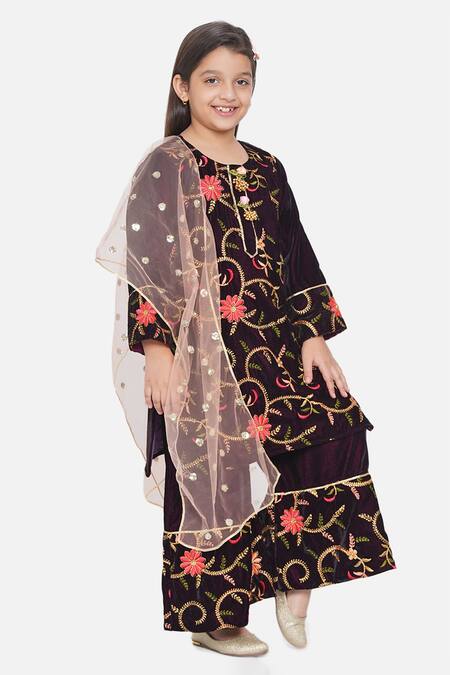 Little Bansi Purple Velvet, Chiffon Embroidery Floral Kurta Set Online at Aza Fashions Little Bansi_Purple Velvet, Chiffon Embroidery Floral Kurta Set _Online_at_Aza_Fashions