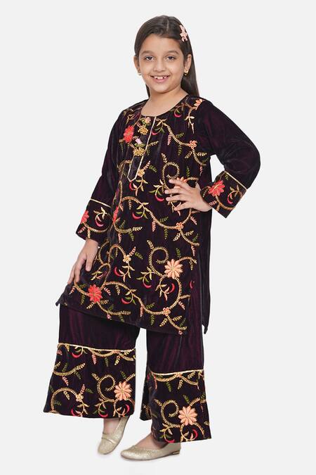 Buy Little Bansi Purple Velvet, Chiffon Embroidery Floral Kurta Set Online at Aza Fashions Buy_Little Bansi_Purple Velvet, Chiffon Embroidery Floral Kurta Set _Online_at_Aza_Fashions