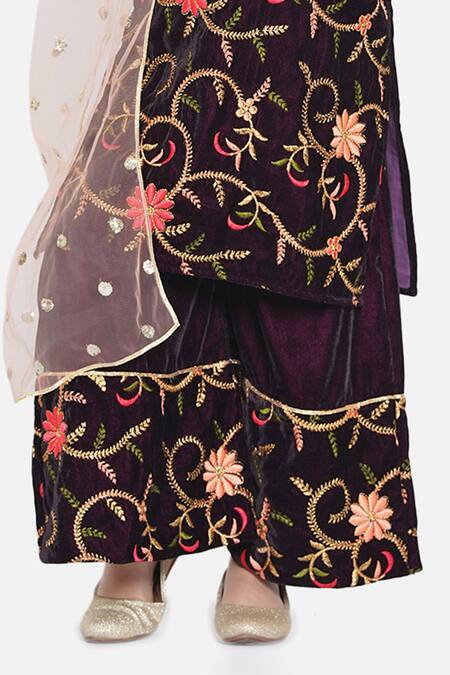 Shop Little Bansi Purple Velvet, Chiffon Embroidery Floral Kurta Set Online at Aza Fashions Shop_Little Bansi_Purple Velvet, Chiffon Embroidery Floral Kurta Set _Online_at_Aza_Fashions