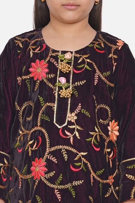 Little Bansi Purple Velvet, Chiffon Embroidery Floral Kurta Set at Aza Fashions Little Bansi_Purple Velvet, Chiffon Embroidery Floral Kurta Set _at_Aza_Fashions