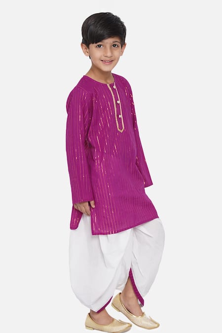 Little Bansi_Purple Cotton Beads Striped Kurta And Dhoti Pant Set_Online_at_Aza_Fashions