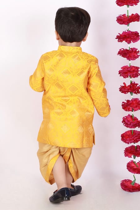 Shop_Little Bansi_Yellow Cotton Embroidery Angrakha Kurta And Dhoti Pant Set _at_Aza_Fashions