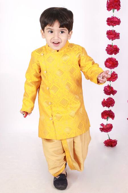 Little Bansi_Yellow Cotton Embroidery Angrakha Kurta And Dhoti Pant Set _Online_at_Aza_Fashions