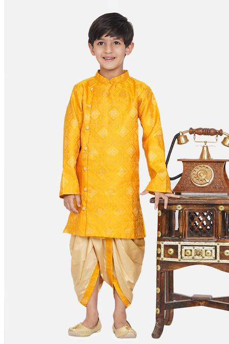 Buy Little Bansi Yellow Cotton Embroidery Angrakha Kurta And Dhoti Pant Set Online at Aza Fashions Buy_Little Bansi_Yellow Cotton Embroidery Angrakha Kurta And Dhoti Pant Set _Online_at_Aza_Fashions