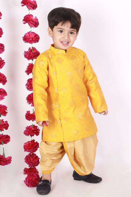 Shop_Little Bansi_Yellow Cotton Embroidery Angrakha Kurta And Dhoti Pant Set _Online_at_Aza_Fashions