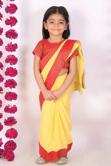 Little Bansi_Red Georgette, Brocade Floral Motifs Pre-draped Saree With Blouse_Online_at_Aza_Fashions