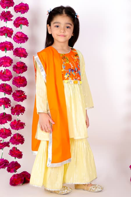 Little Bansi_Yellow Cotton, Lurex Mirrors, Embroidery Striped Kurta Sharara Set _Online_at_Aza_Fashions