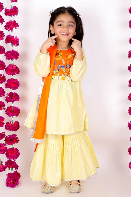 Buy_Little Bansi_Yellow Cotton, Lurex Mirrors, Embroidery Striped Kurta Sharara Set _Online_at_Aza_Fashions