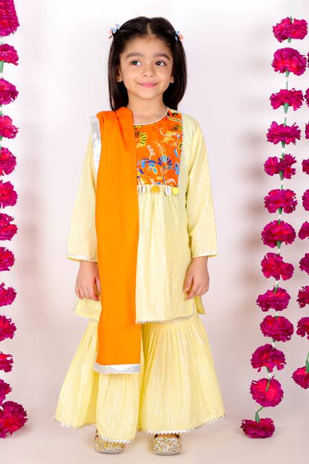 Shop_Little Bansi_Yellow Cotton, Lurex Mirrors, Embroidery Striped Kurta Sharara Set _Online_at_Aza_Fashions