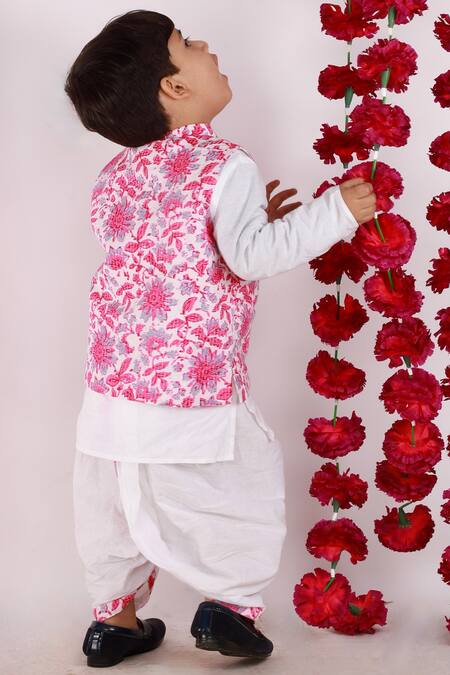 Buy_Little Bansi_White Cotton Embroidered Floral Motifs Printed Jacket And Kurta Set _Online_at_Aza_Fashions