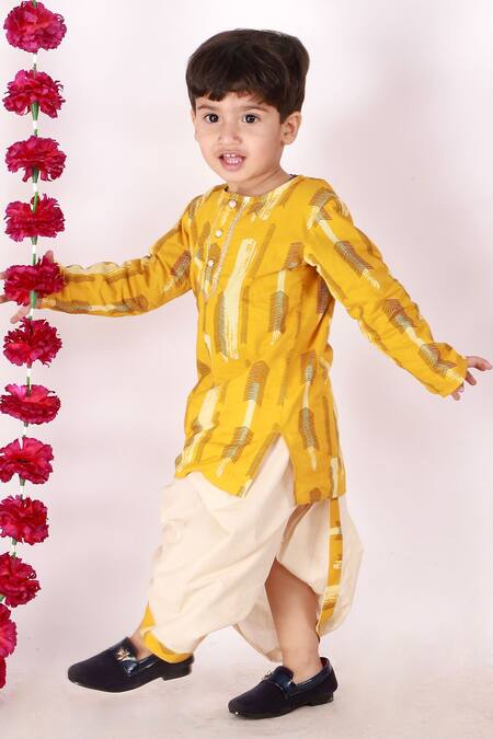 Little Bansi_Beige Cotton Printed Feather Motifs Kurta And Dhoti Pant Set _Online_at_Aza_Fashions
