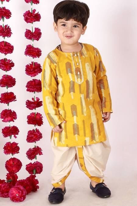 Buy_Little Bansi_Beige Cotton Printed Feather Motifs Kurta And Dhoti Pant Set _Online_at_Aza_Fashions