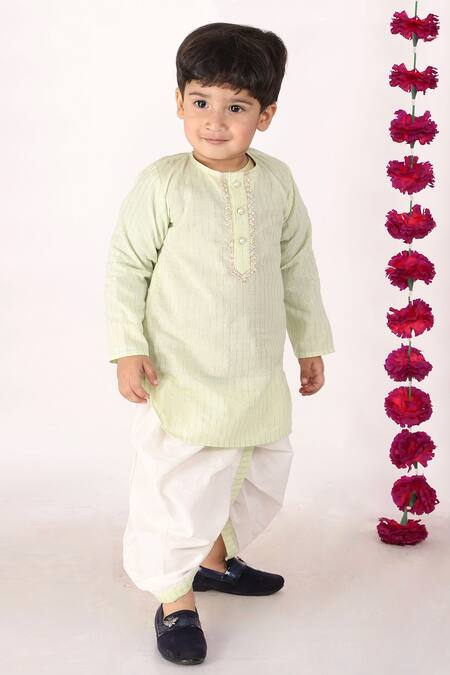 Little Bansi_Beige Cotton Printed Striped Kurta And Dhoti Pant Set _Online_at_Aza_Fashions