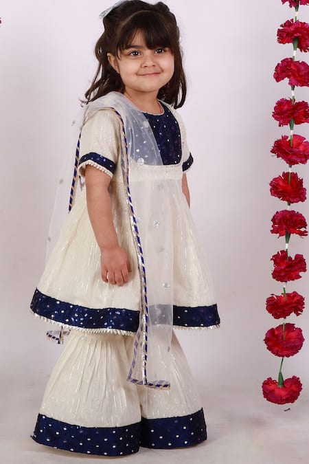 Little Bansi_Beige Cotton, Lurex, Chiffon Embroidery, Mirrors, Embellished Kurta Sharara Set _Online_at_Aza_Fashions