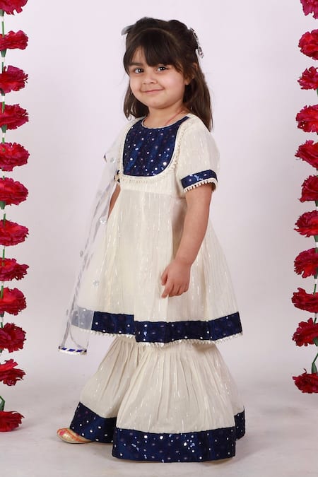 Buy_Little Bansi_Beige Cotton, Lurex, Chiffon Embroidery, Mirrors, Embellished Kurta Sharara Set _Online_at_Aza_Fashions