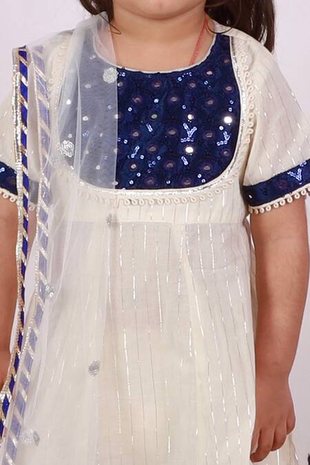 Shop_Little Bansi_Beige Cotton, Lurex, Chiffon Embroidery, Mirrors, Embellished Kurta Sharara Set _Online_at_Aza_Fashions