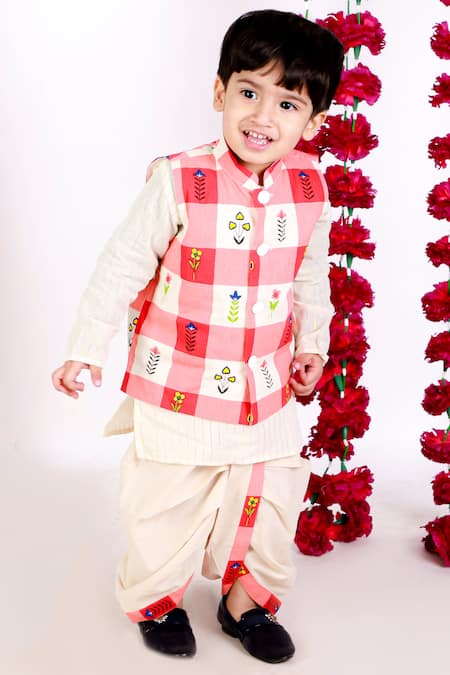 Buy_Little Bansi_Beige Cotton Beads, Embroidery Printed Jacket And Kurta Set _Online_at_Aza_Fashions