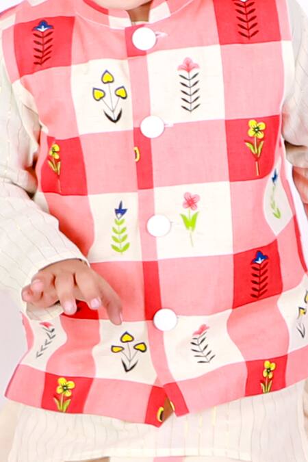 Little Bansi_Beige Cotton Beads, Embroidery Printed Jacket And Kurta Set _at_Aza_Fashions