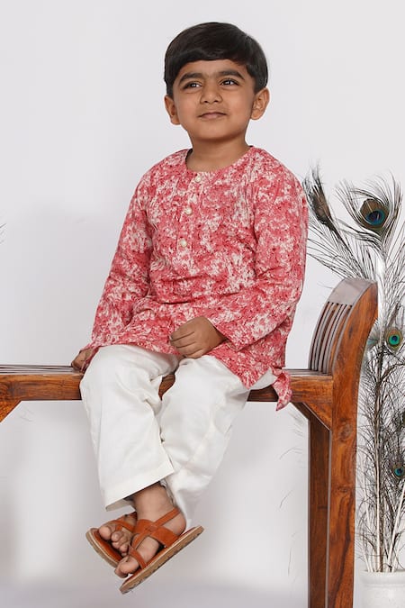 Little Bansi_Red Cotton Printed Kurta And Pant Set _Online_at_Aza_Fashions
