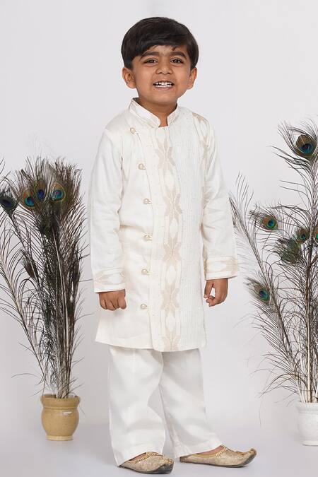 Little Bansi_Cream Silk Embroidery, Sequins Sherwani And Pant Set _Online_at_Aza_Fashions