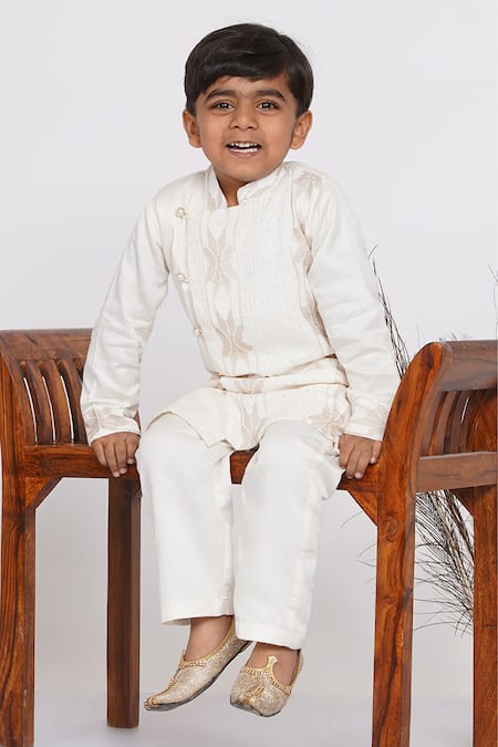 Buy_Little Bansi_Cream Silk Embroidery, Sequins Sherwani And Pant Set _Online_at_Aza_Fashions