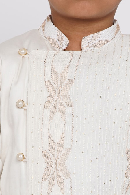 Shop_Little Bansi_Cream Silk Embroidery, Sequins Sherwani And Pant Set _Online_at_Aza_Fashions