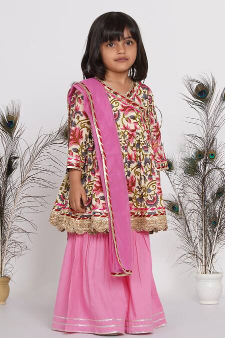 Little Bansi_Pink Cotton Gota Patti, Embroidery Floral Print Kurta Sharara Set_Online_at_Aza_Fashions